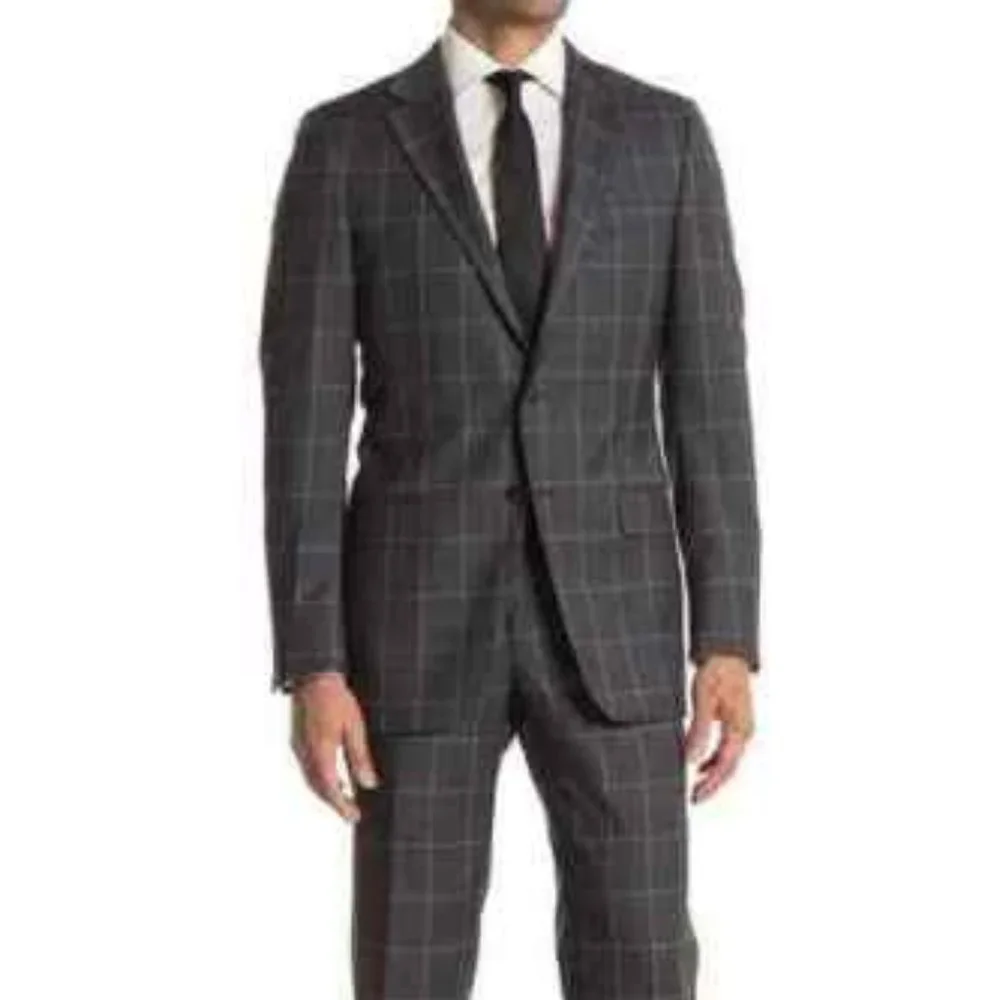 Hickey Freeman 42L, Charcoal Windowpane Regular Fit 2B Plaid 2-Piece Suit Set - Picture 3 of 9